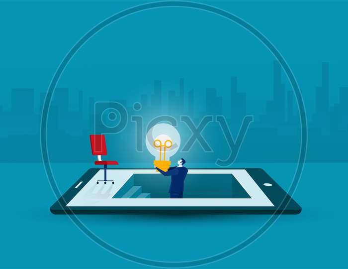 Businessman Got Idea Or Light Bulb  By Discovery On The Tablet, Business Innovation Ideas Creative Concept, Flat Design
