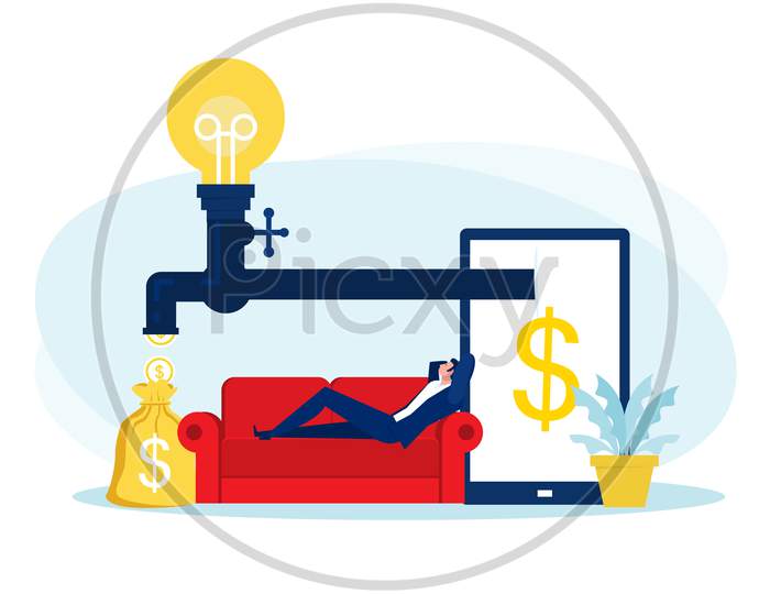 Businessman Sitting On Sofa , Relaxing And Making Money Passively. Finance, Investment, Wealth, Passive Income.Concept Work Office