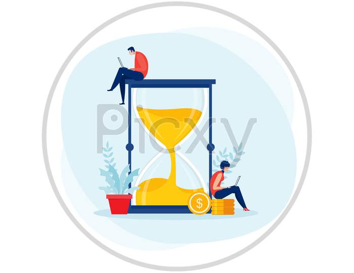 Young Man And Woman With Laptop On Sandglass, Working Hours, Time Management Hourglass.Flat Vector Illustration