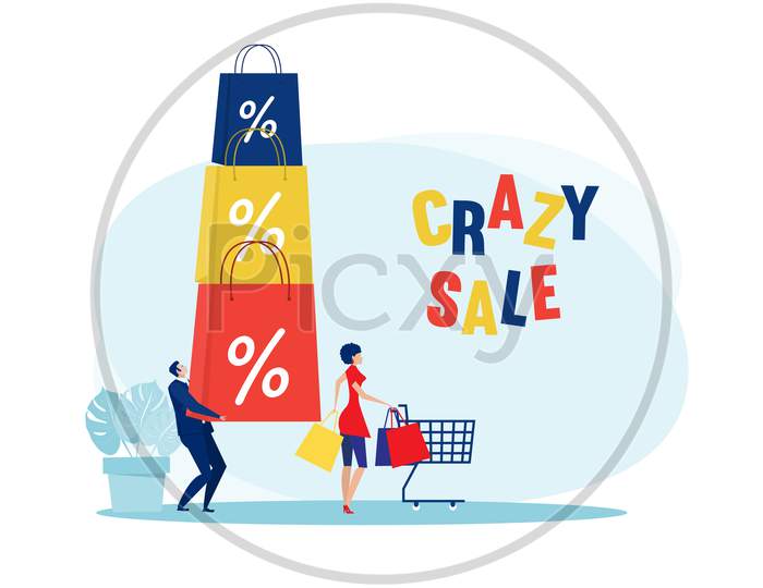 Woman Crazy Shop Sale Discount On Black Friday Vector