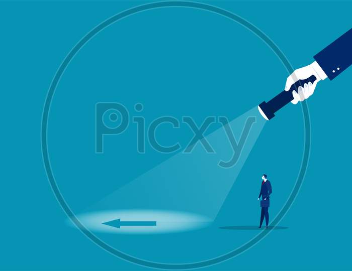 Businessman Looking Direct Flash With Big Hand Holds A Flashlight To Vision Direction. Search Direction. Vector Illustration