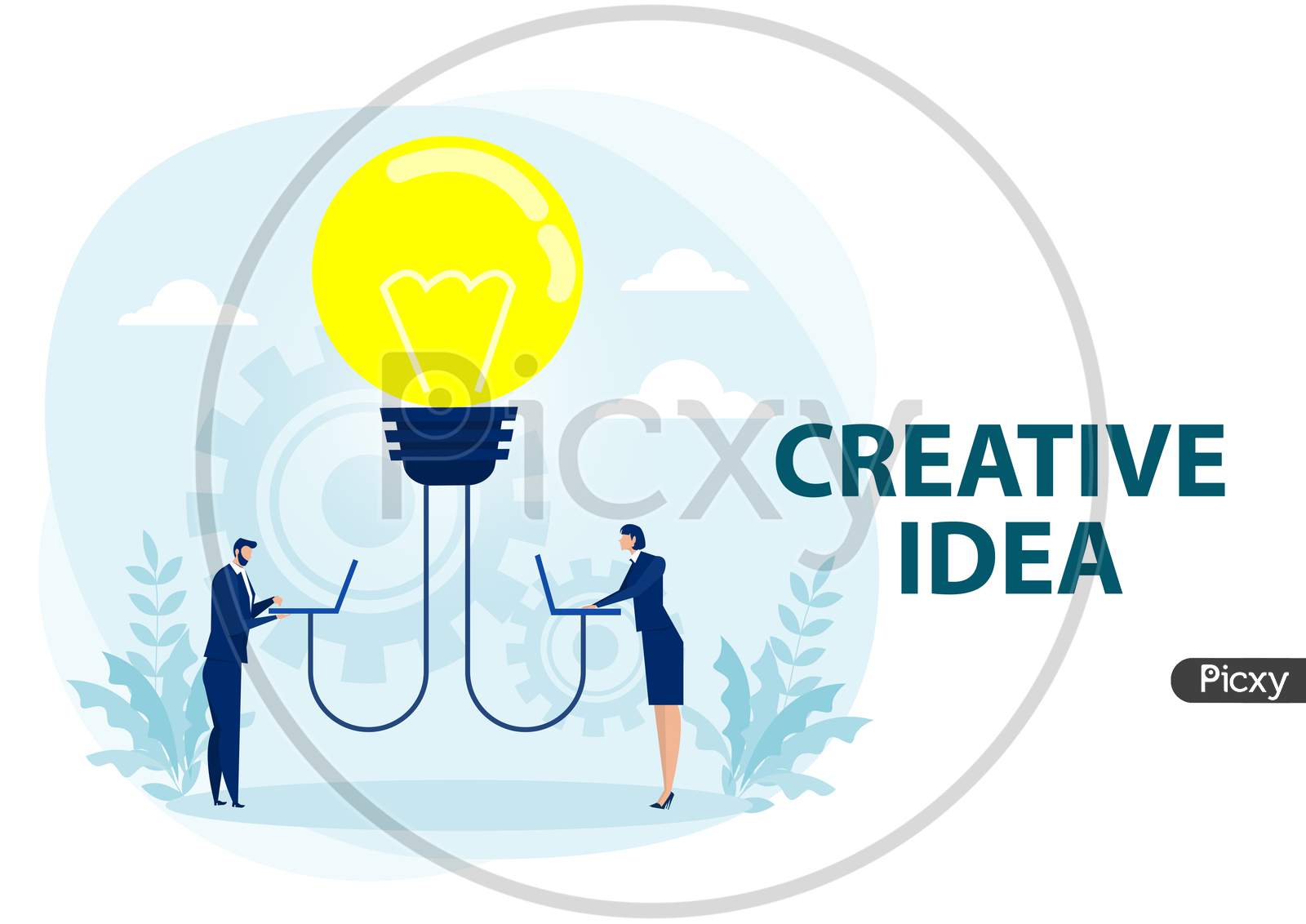 Man And Woman Share Idea With A Light Bulb, A Metaphor For The Search For An Idea. Vector Illustration