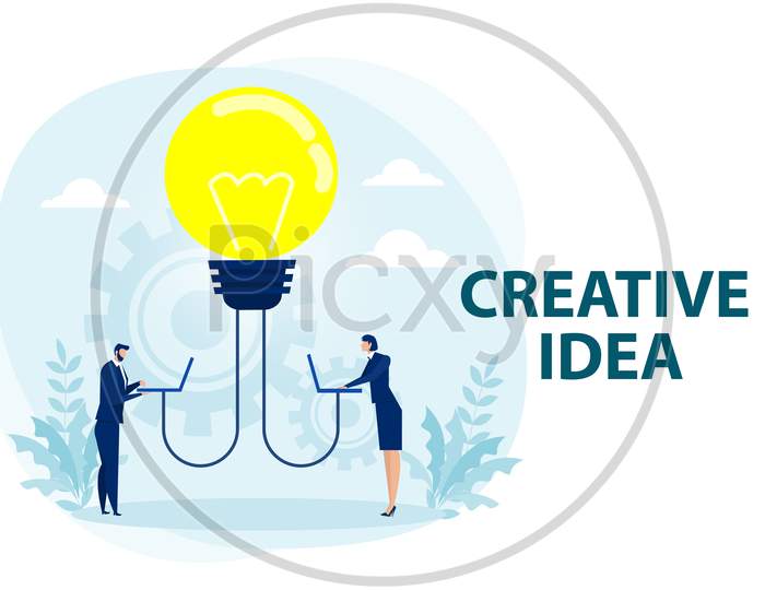 Man And Woman Share Idea With A Light Bulb, A Metaphor For The Search For An Idea. Vector Illustration