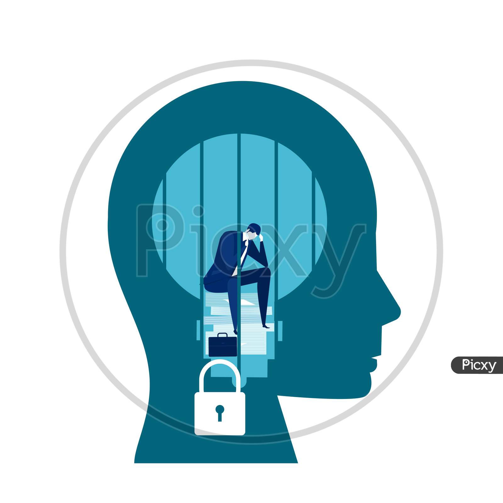 Business Man Sad Is Sitting And Crying In A Screaming Head Prison Fixed Mindset Concept Vector