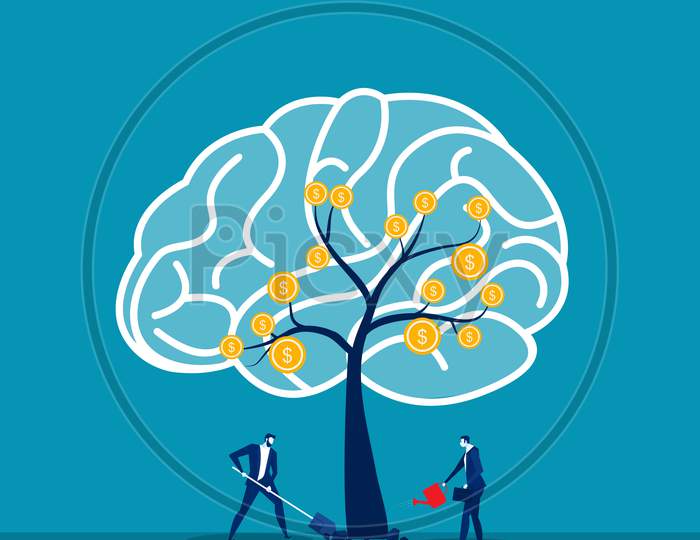 Businessman Watering The Trees Think Growth Mindset Idea Concept Vector.