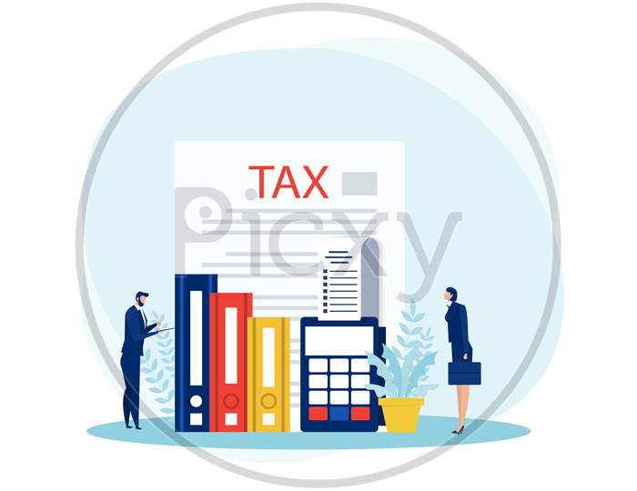 Tax Financial Analysis, Business People Calculating Document For Taxes Flat Vector Illustration