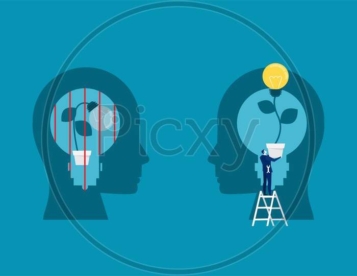 Businessman Holding Light Bulb For Put Think Growth Mindset Different Fixed Mindset Concept Vector