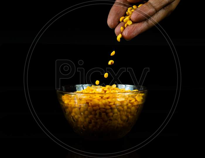Human Hand With Split Yellow Gram In A Bowl
