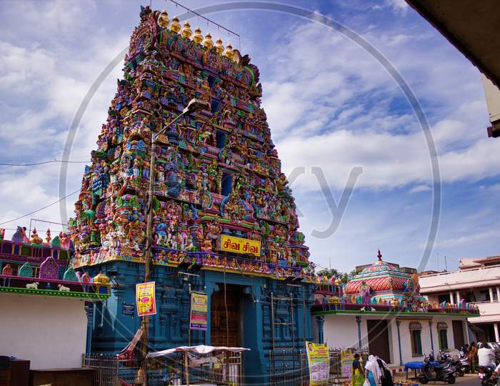 Puducherry / Pondicherry, India - October 30, 2018: An Indian Colorful Temple Named Vedapureeswarar Temple Exterior Displaying Beautiful Hindu Architecture With Gods Sculpture Carved On It'S Built.