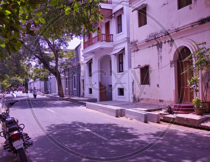 Puducherry / Pondicherry, South India: A Motor Bike Parked By The Street Famous For French Architecture