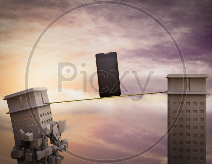 Phone On A Rope With One Skyscraper Ready To Collapse. Phone Security Crash Concept. 3D Illustration