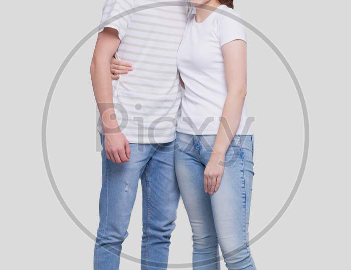 Couple Standing Isolated. Man And Woman Hugging, Lovers, Friends, Couple Concept