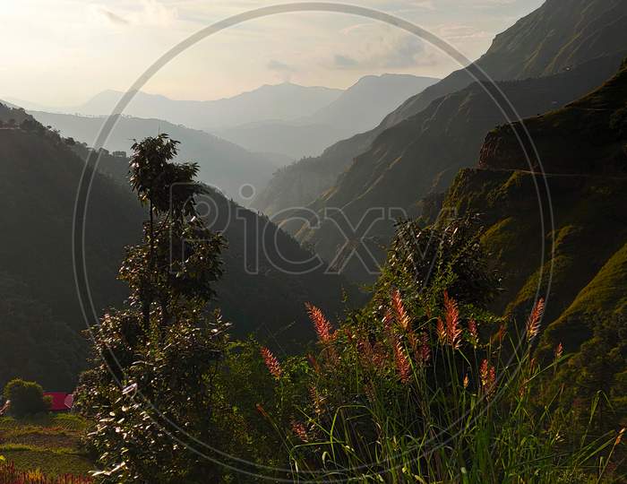 Scenic view of mountain during sunset