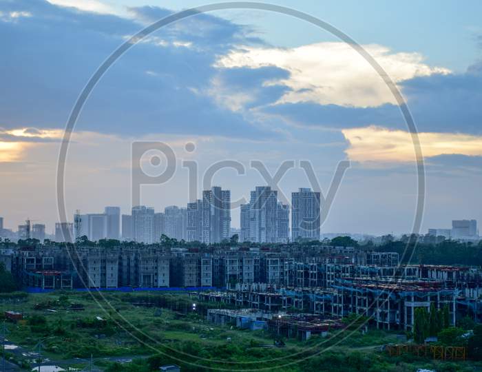 Rooftop view of New Town urban area during sunset