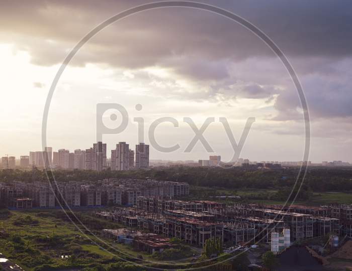 Rooftop view of New Town urban area during sunset
