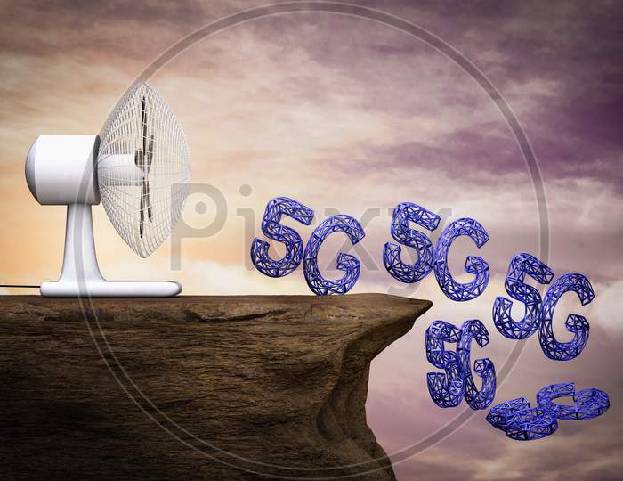 A Fan Blows Many 5G Letters On Cliff At Sunset Magenta Day. 5G Falling Concept. 3D Illustration