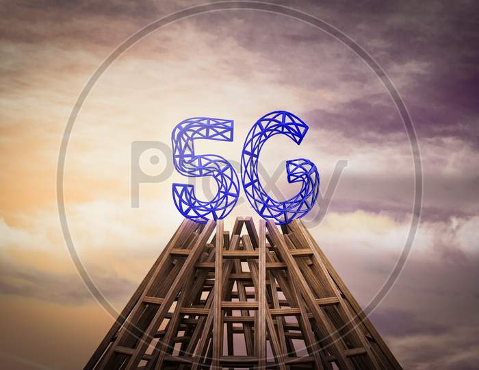5G Letter On Top Of Many Ladders Together As Pyramid. 5G On Top Concept. 3D Illustration