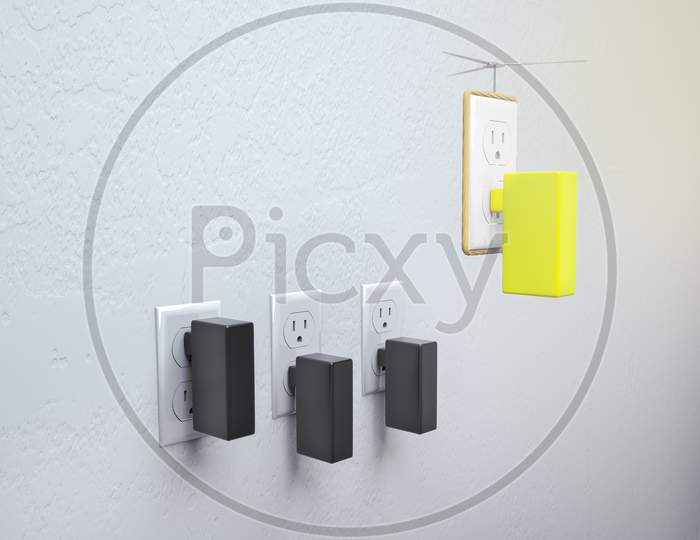 Electrical Outlet On The Cement Wall With Charger And One Electrical Outlet Fly Away As A Helicopter. Standing Out From The Crowd Or Go Your Own Way Or Being Different Concept. 3D Render