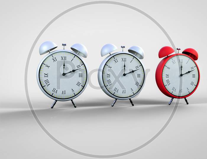 Set Of Three Alarm Clocks With One In Colour Red Isolated In White Background. Standing Out From The Crowd Or Go Your Own Way Or Being Different Concept. 3D Render