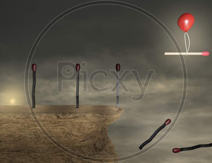 Burned Matches On A Stone Cliff With A Red Balloon Help To Escape Red Match From Falling In A Sunset Day. Standing Out From The Crowd Or Go Your Own Way Or Being Different Concept . 3D Illustration
