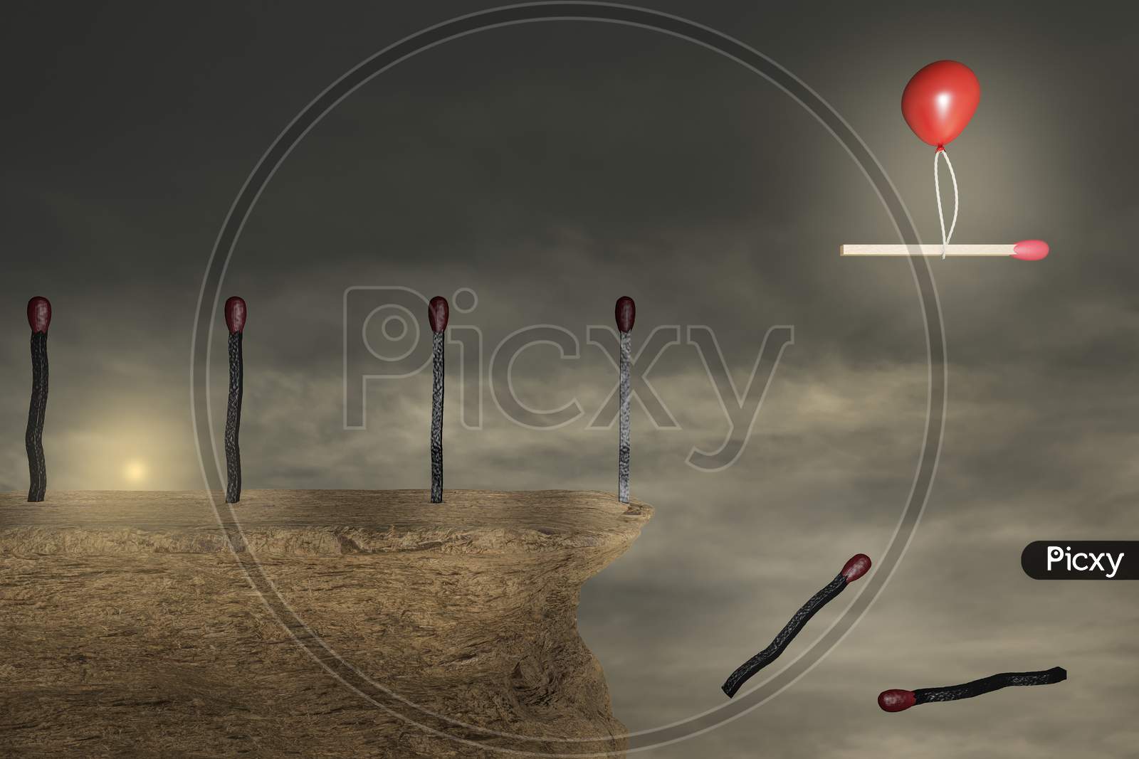 Burned Matches On A Stone Cliff With A Red Balloon Help To Escape Red Match From Falling In A Sunset Day. Standing Out From The Crowd Or Go Your Own Way Or Being Different Concept . 3D Illustration