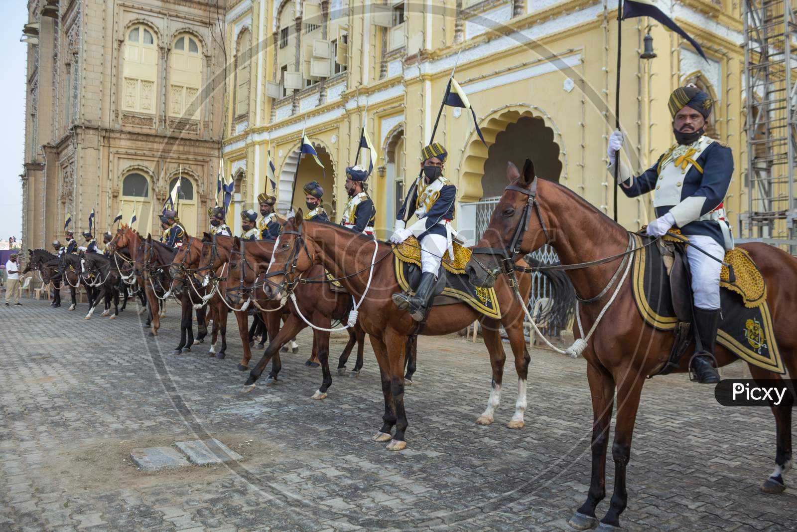 A Battery of Royal Horses lined up with their Horsemen with the Flags for the Dasara Procession at Amba Vilas Palace in Mysore of Karnataka/India.
