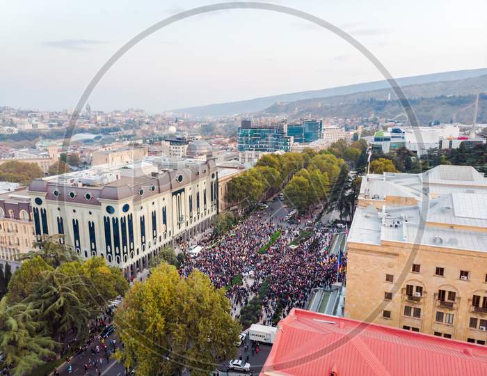 1 November, 2020. Tbilisi.Republic Of Georgia. Post Election Protests In Tbilisi. Aerial View Of Crowds Of People In Front Of Parliament Building.
