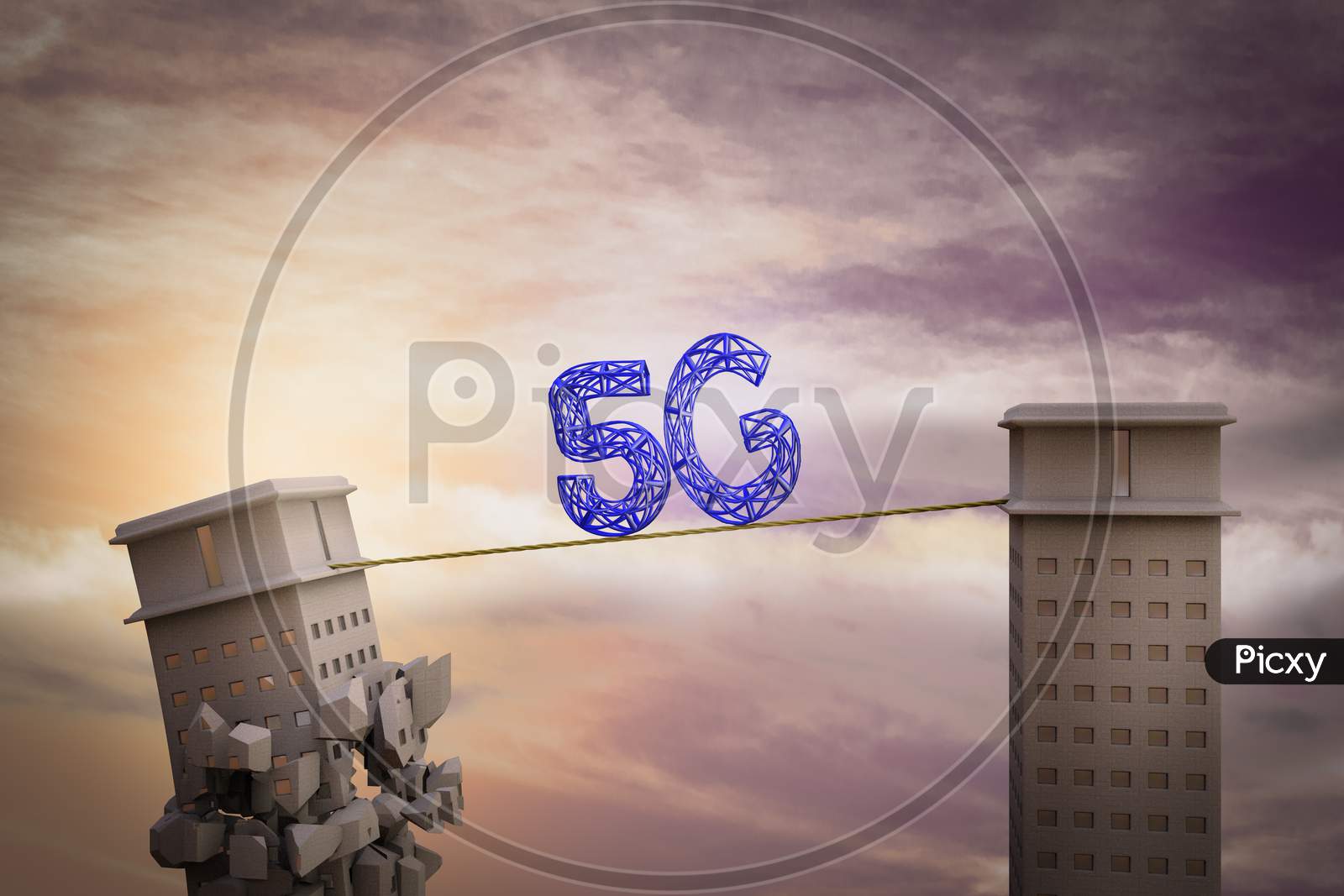5G Letter On A Rope With One Skyscraper Ready To Collapse. 5G Crash Concept. 3D Illustration