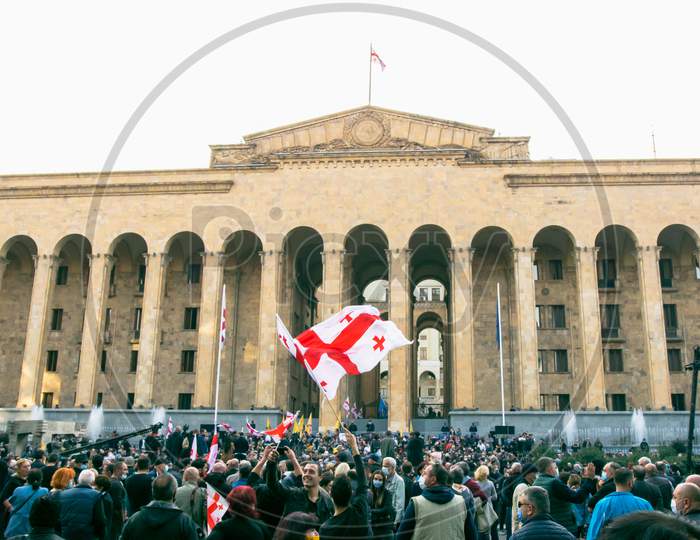1 November, 2020. Tbilisi.Republic Of Georgia.Post Parliament Election Protest. Crowds Of People Standing In Front Of Parliament Building.