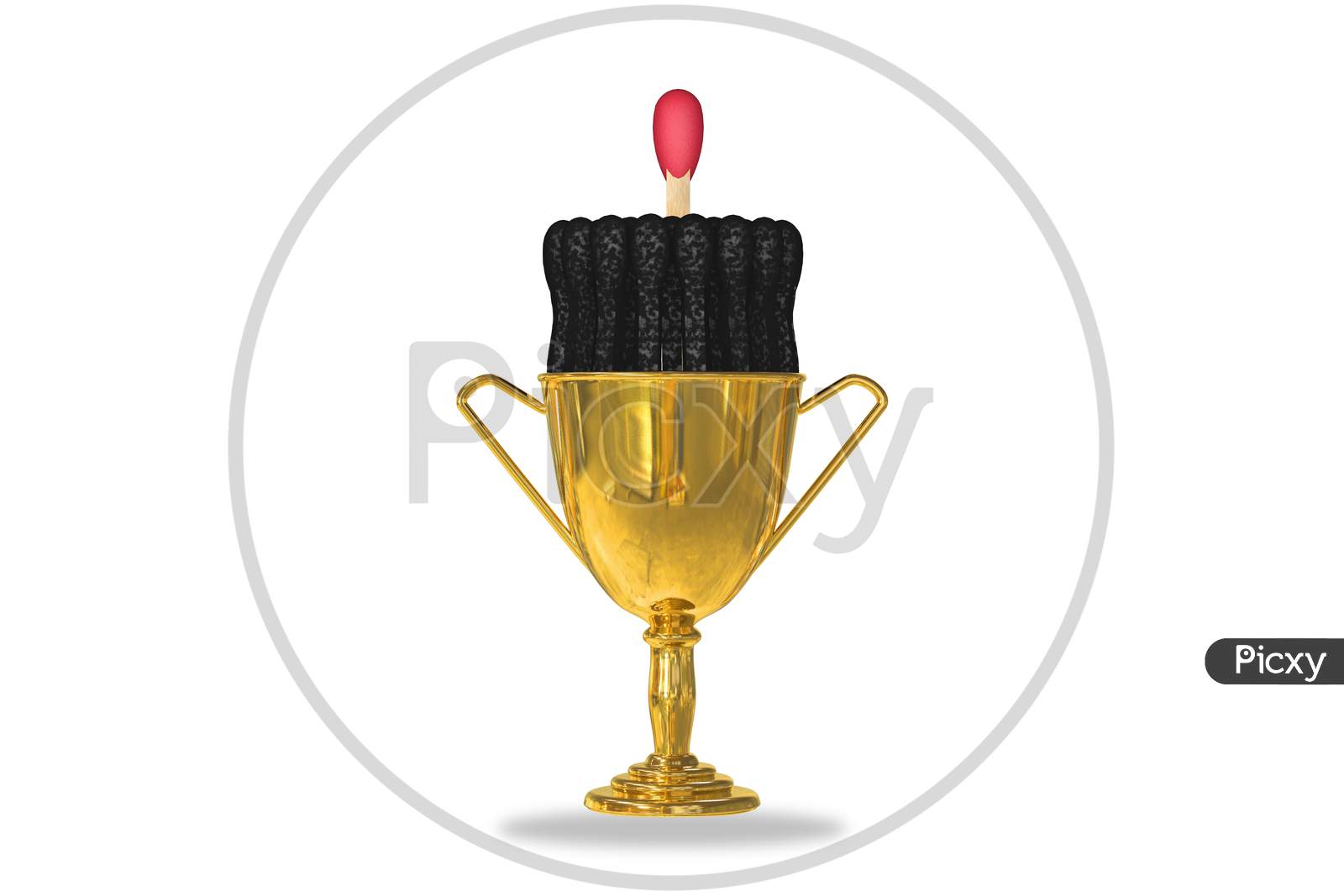 Golden Trophy Cup Isolated On White Background With Burning Matches And With One Red Match On The Top Inside. Standing Out From The Crowd Or Go Your Own Way Or Being Different Concept. 3D Render