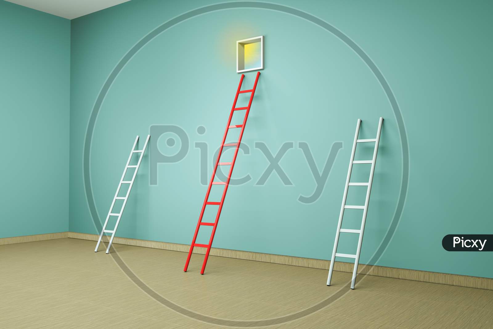 Step Ladders Against A Wall Among A Red Ladder Leads To A Window On Wooden Floor. Standing Out From The Crowd Or Go Your Own Way Or Being Different Concept. 3D Render