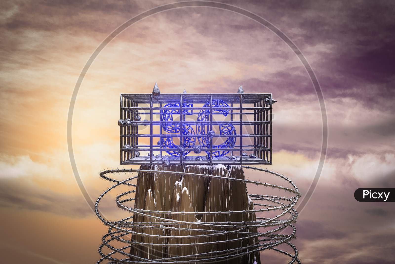 5G In A Cage On The Top Of A Mountain At Sunset Magenta Day. 5G Is Prisoner In Metal Cage Or Innovation Or Telephone Or Mobility Or System Or Research Concept. 3D Illustration