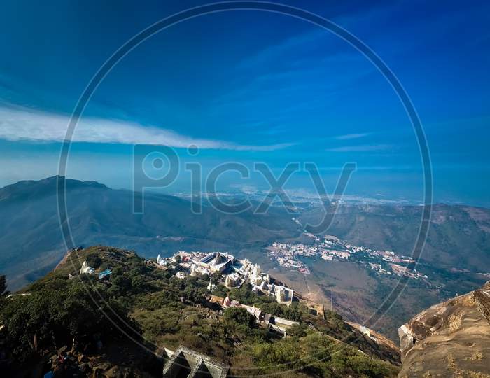 The view of Jain temples and city from Girnar mountain.