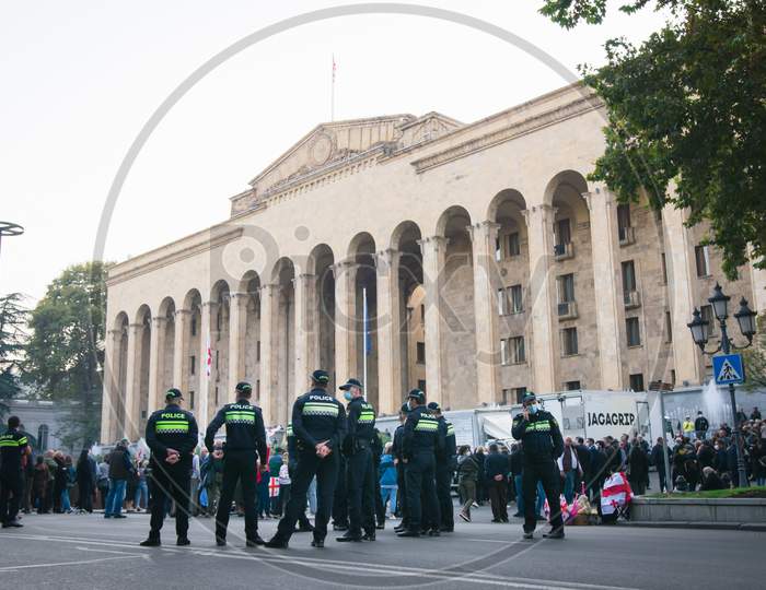 1 Novermber, 2020. Tbilisi.Republic Of Georgia.Post Parliament Election Protest. Crowds Of People Standing In Front Of Parliament Building.