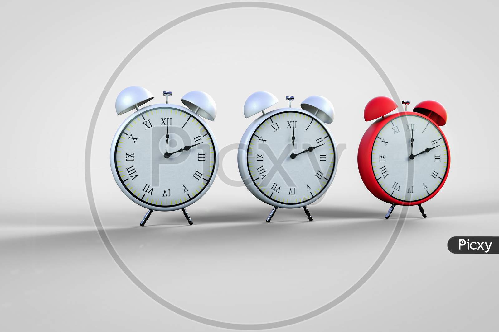 Set Of Three Alarm Clocks With One In Colour Red Isolated In White Background. Standing Out From The Crowd Or Go Your Own Way Or Being Different Concept. 3D Render
