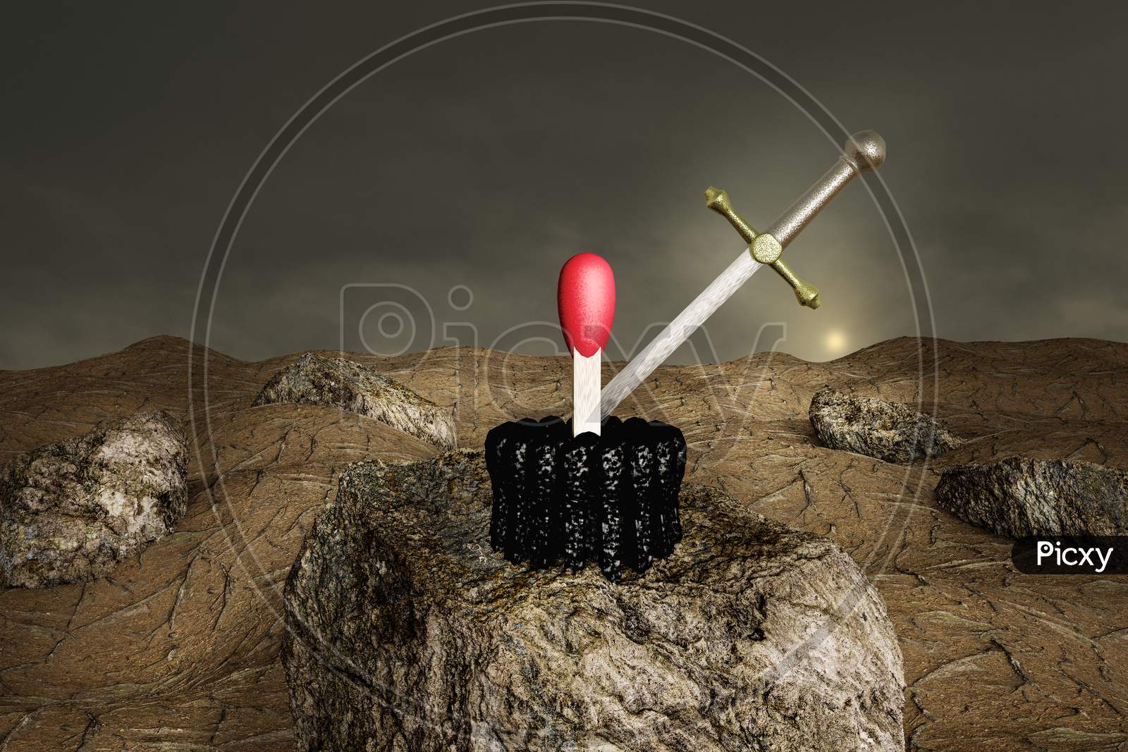 Excalibur In A Match With A Group Of Burnt Matches Around It On Stone At Sunset Day. Standing Out From The Crowd Or Go Your Own Way Or Being Different Or Power Or Think Differently. 3D Illustration
