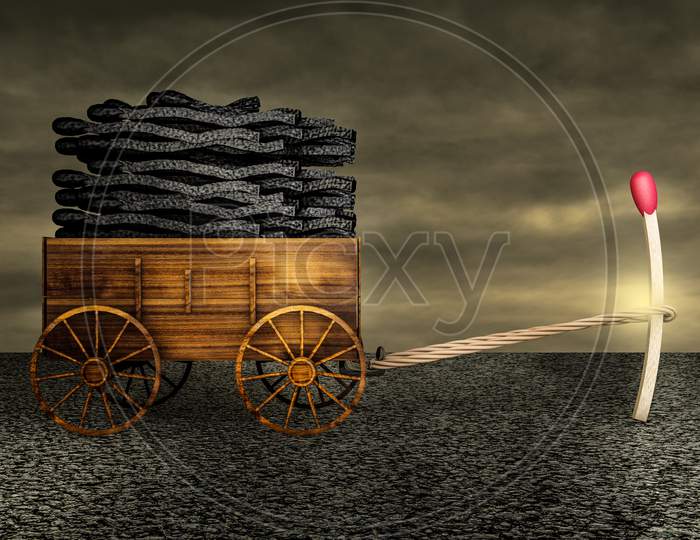 A Red Match Dragging A Farm Cart Of Burning Matches On Asphalt In A Sunset Day. Standing Out From The Crowd Or Go Your Own Way Or Being Different Or Power Or Think Differently. 3D Illustration
