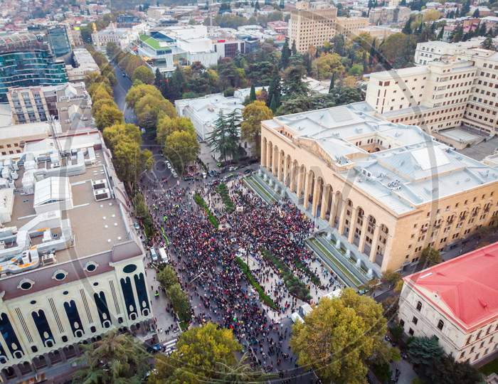 1 November, 2020. Tbilisi.Republic Of Georgia. Post Election Protests In Tbilisi. Aerial View Of Crowds Of People In Front Of Parliament Building.