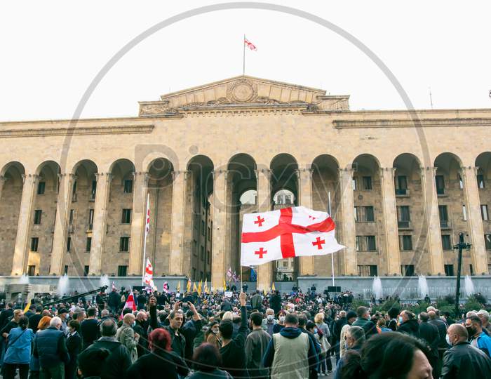 1 November, 2020. Tbilisi.Republic Of Georgia.Post Parliament Election Protest. Crowds Of People Standing In Front Of Parliament Building.