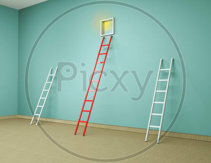 Step Ladders Against A Wall Among A Red Ladder Leads To A Window On Wooden Floor. Standing Out From The Crowd Or Go Your Own Way Or Being Different Concept. 3D Render