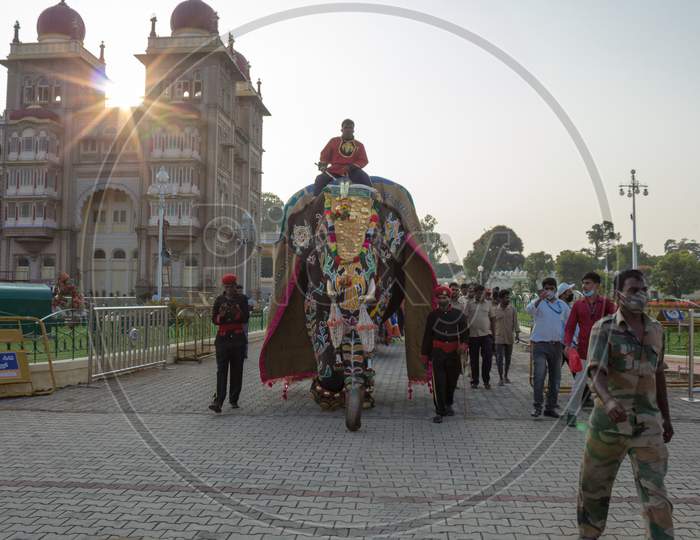 An Evening Twilight scene of the Dasara Parade of the Royal Elephants in the Amba vilas Palace at Mysuru cityscape in Karnataka/India.