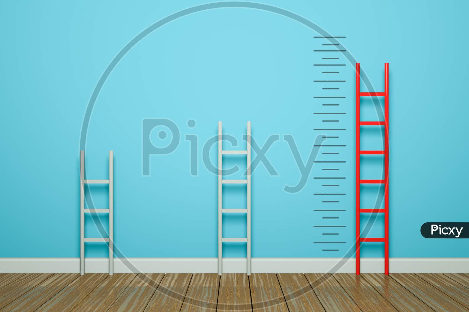 Three Ladders Are Measuring Among Red Ladder The Growth On The Background Of Wall. Standing Out From The Crowd Or Go Your Own Way Or Being Different Or Power Concept. 3D Render