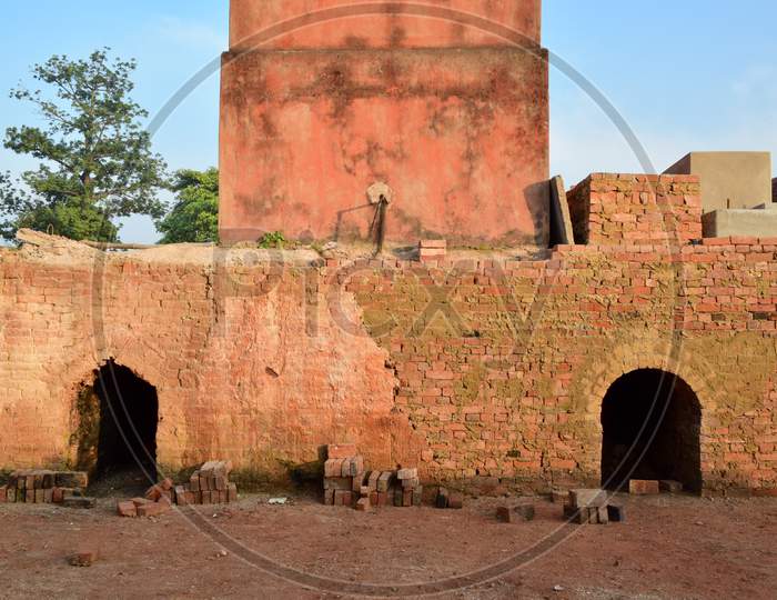 Close-up image of fireplace in an old brick factory in rural Bengal