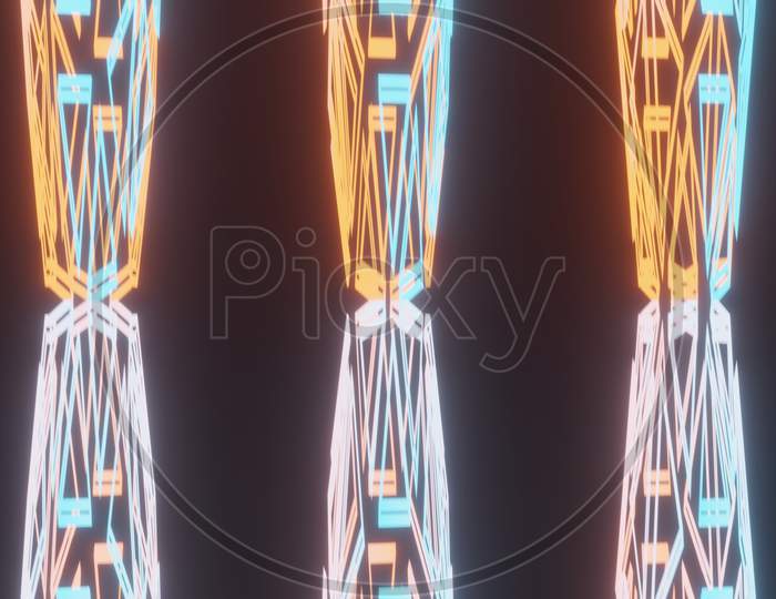 3D Illustration Graphic Of Three Colorful Abstract Sci-Fi Objects Moving In A Straight Line.
