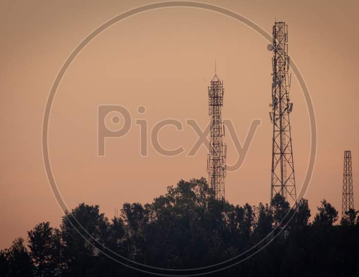 Communication Towers With The Evening Sky Background, Yercaud, Tamil Nadu, India