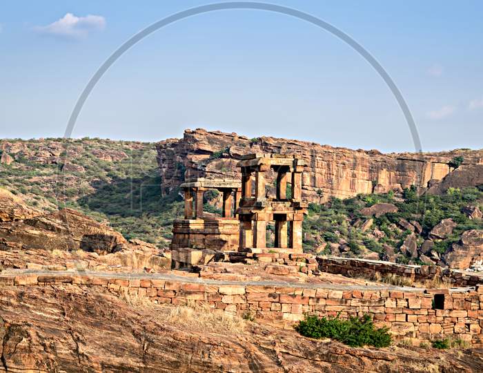 Ancient stone, watch towers near Lower Shivalaya, north Badami fort, Karnataka, India.