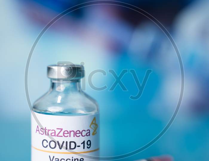Maski, India November 21, 2020 : Illustrative Editorial Image Of Astrazeneca Plc Coronairus Or Covid-19 Vaccine With Syringe