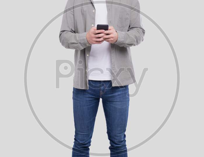 Man Standing Using Phone Isolated. Man Full Lenght