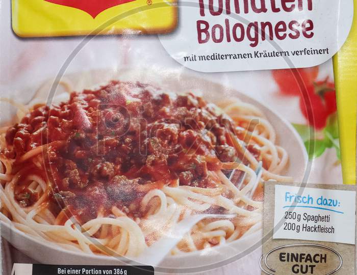German Maggi Instant Noodles Called Spaghetti Bolognese, Owned By Nestle. Maggi Is An International Brand Of Soups, Stocks, Bouillon Cubes, Ketchup, Sauces, Seasonings And Instant Noodles.