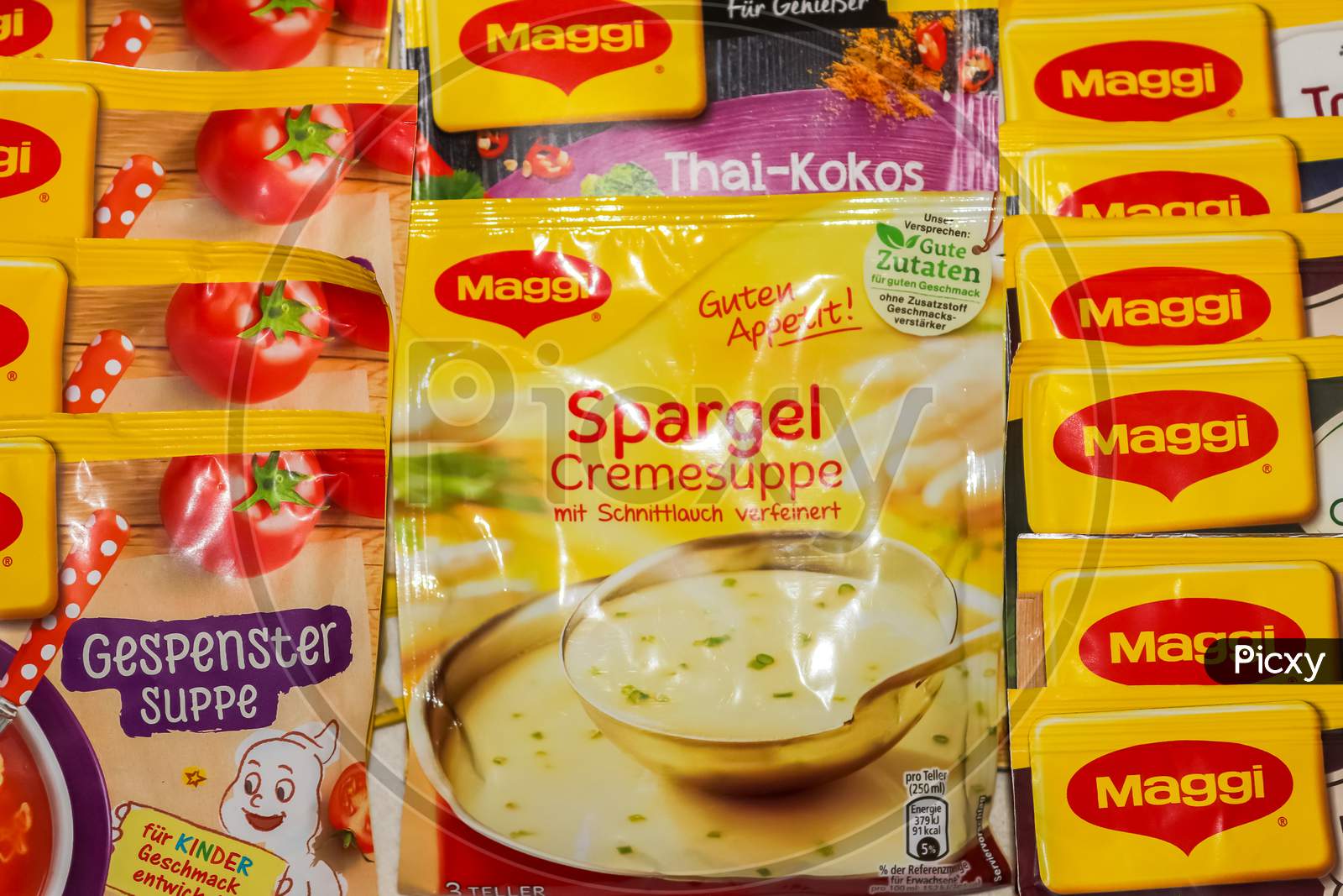 German Maggi Instant Sauce Packages, Owned By Nestle. Maggi Is An International Brand Of Soups, Stocks, Bouillon Cubes, Ketchup, Sauces, Seasonings And Instant Noodles.